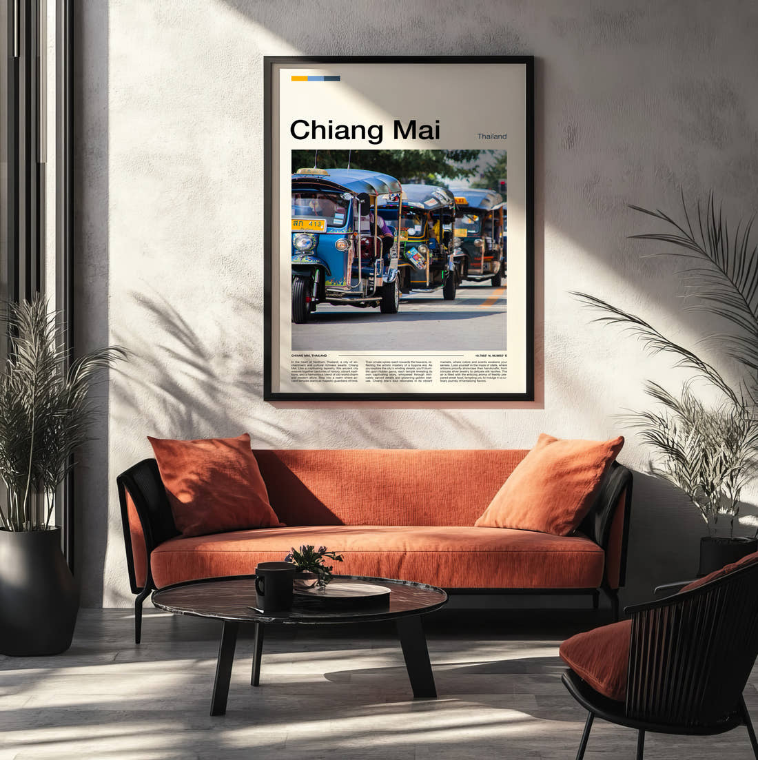 Chiang Mai Blue Tuk Tuks Travel Print framed on the wall of a modern living room