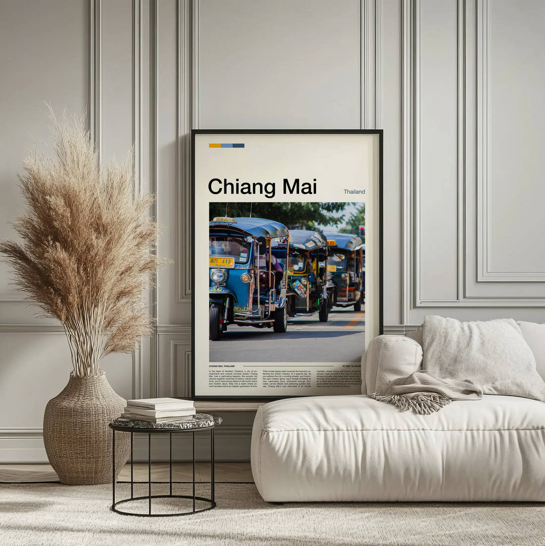 Chiang Mai Blue Tuk Tuks Travel Print framed on the wall of a calm, neutral bedroom