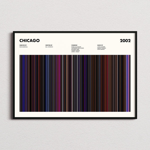 Chicago Movie Barcode Poster framed and photographed straight on