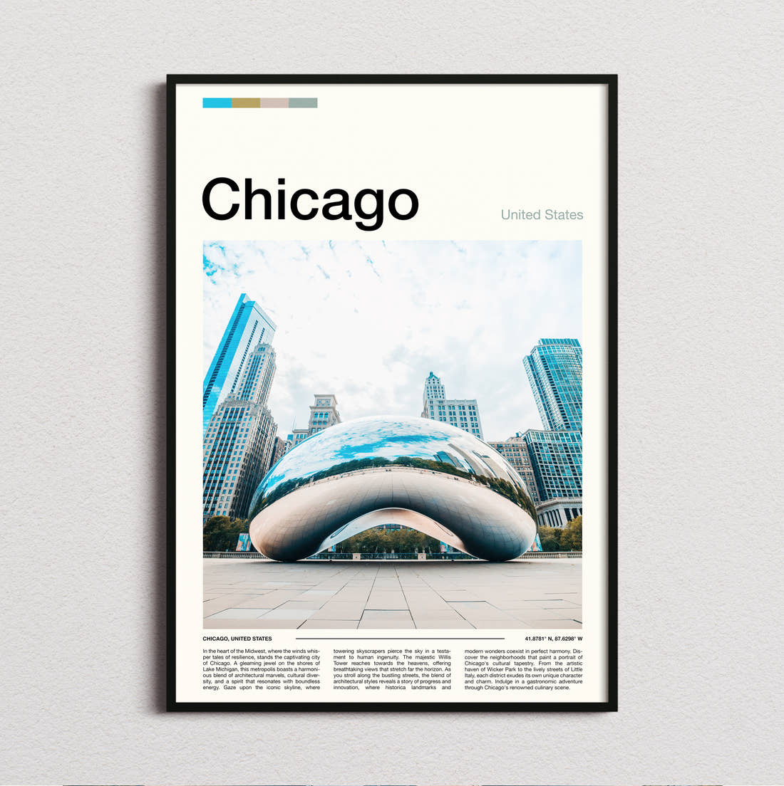 Chicago Cloud Gate Reflecting The Skyline Travel Print framed and photographed straight on