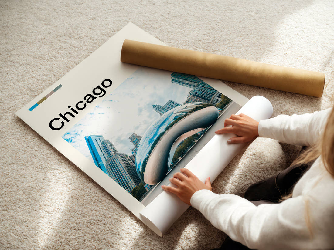 Chicago Cloud Gate Reflecting The Skyline Travel Print being unrolled from its postal tube