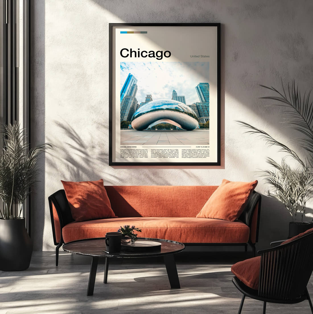 Chicago Cloud Gate Reflecting The Skyline Travel Print framed on the wall of a modern living room