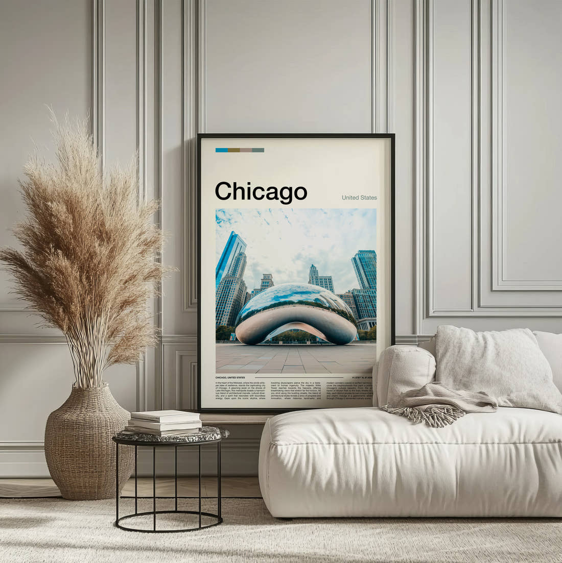 Chicago Cloud Gate Reflecting The Skyline Travel Print framed on the wall of a calm, neutral bedroom