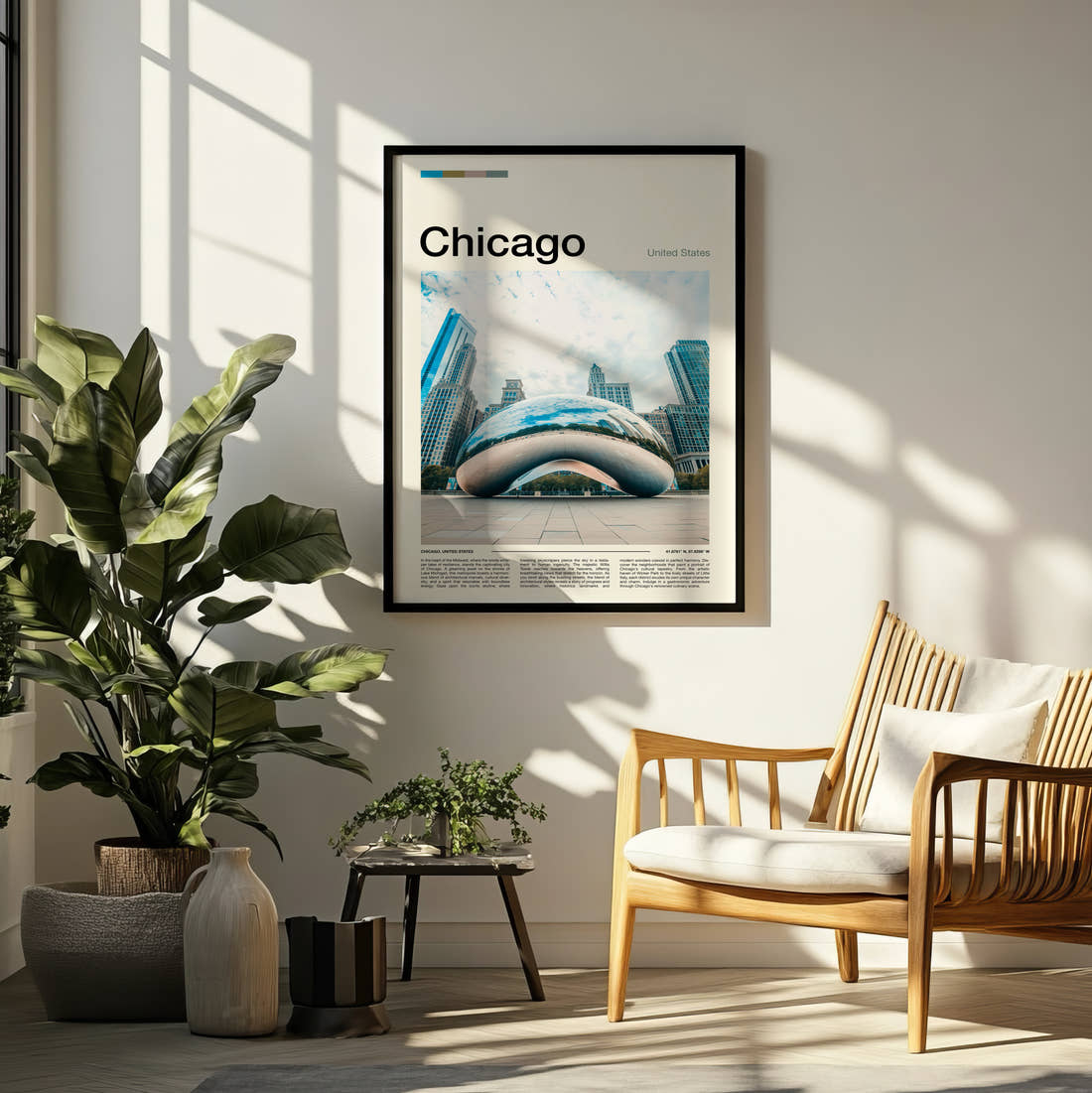 Chicago Cloud Gate Reflecting The Skyline Travel Print framed on a pale wall beside houseplants