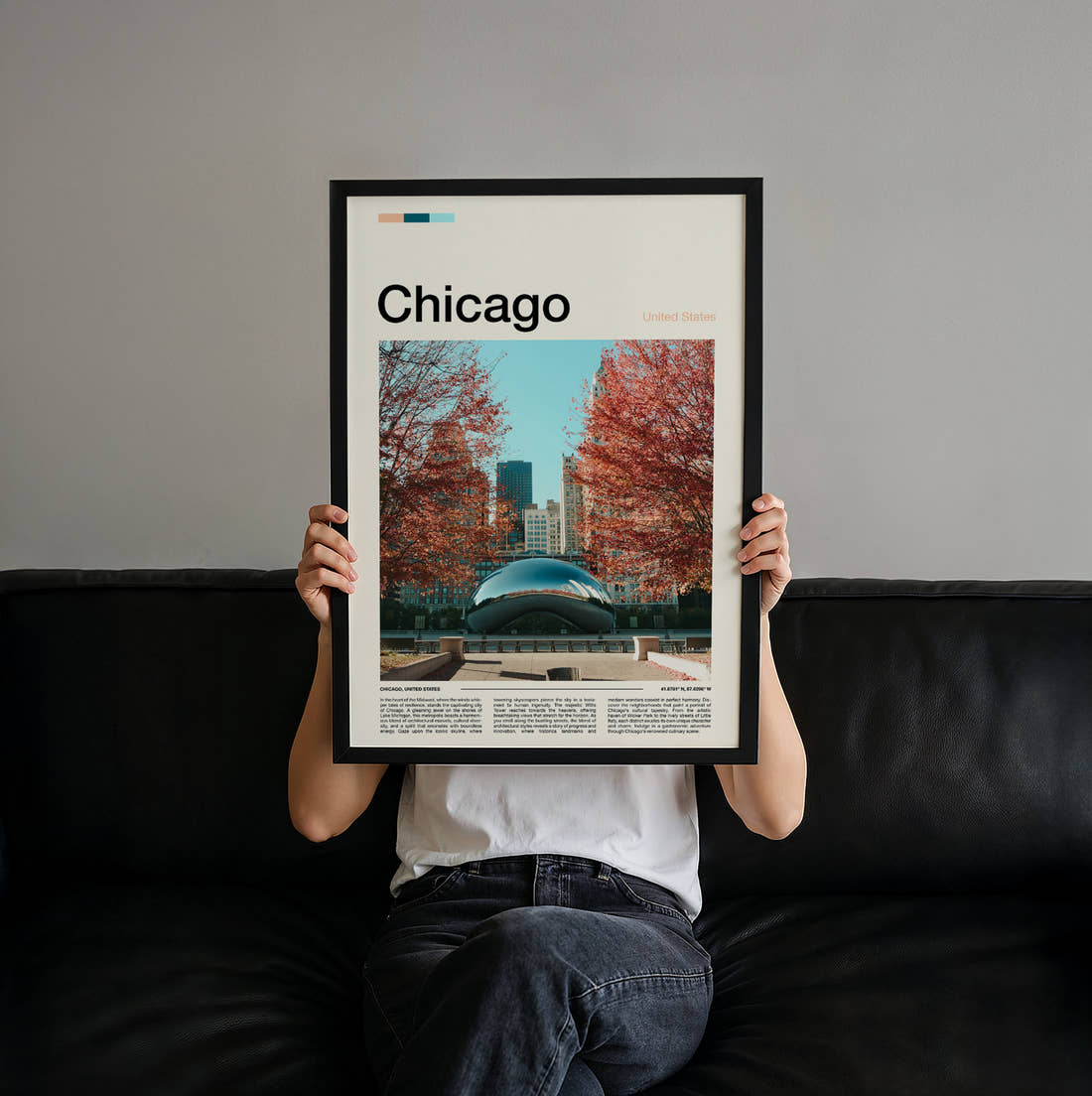 Chicago Cloud Gate In Autumn Travel Print held up by hand to show the size of the print