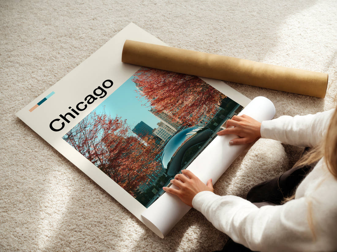 Chicago Cloud Gate In Autumn Travel Print being unrolled from its postal tube