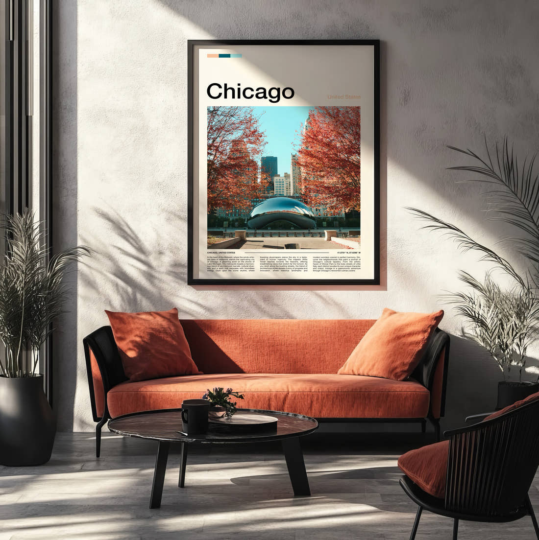Chicago Cloud Gate In Autumn Travel Print framed on the wall of a modern living room