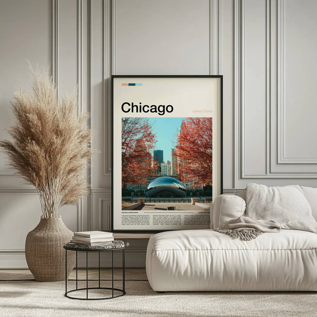 Chicago Cloud Gate In Autumn Travel Print framed on the wall of a calm, neutral bedroom