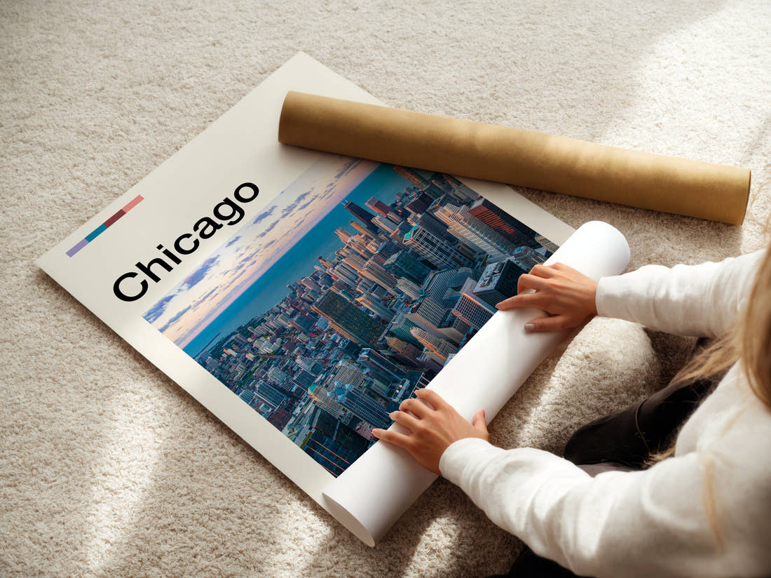 Chicago Skyscrapers By The Lake Travel Print being unrolled from its postal tube