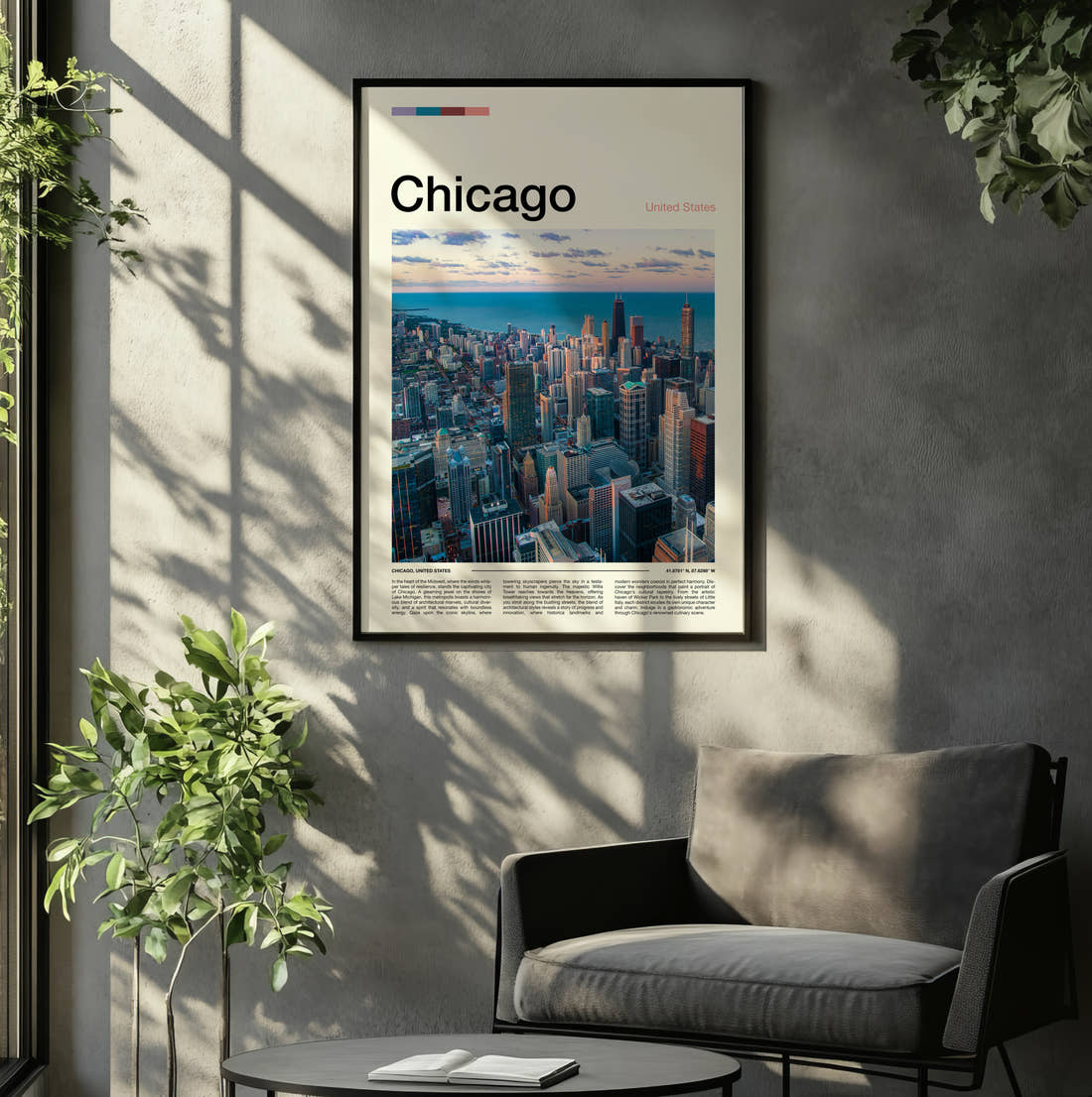 Chicago Skyscrapers By The Lake Travel Print framed on the wall of a relaxed living room