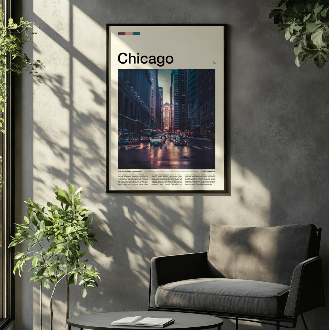 Chicago Street At Sunset Travel Print framed on the wall of a relaxed living room