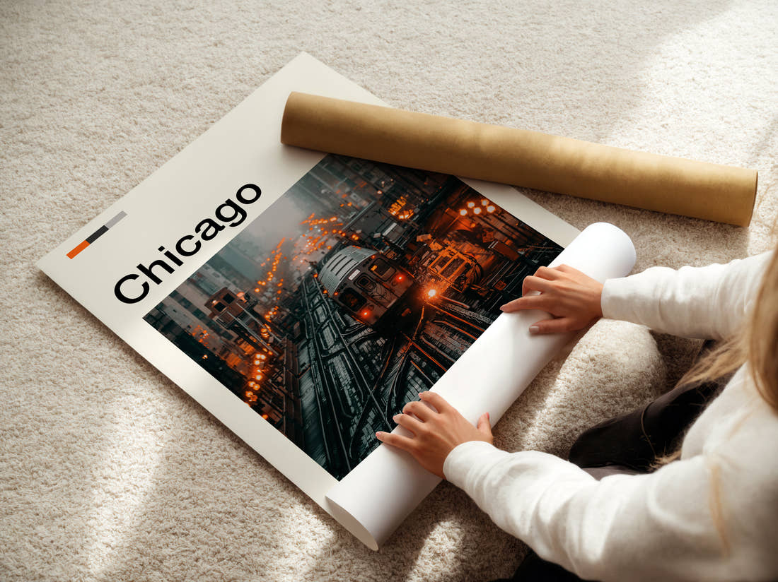 Chicago Elevated Train Travel Print being unrolled from its postal tube