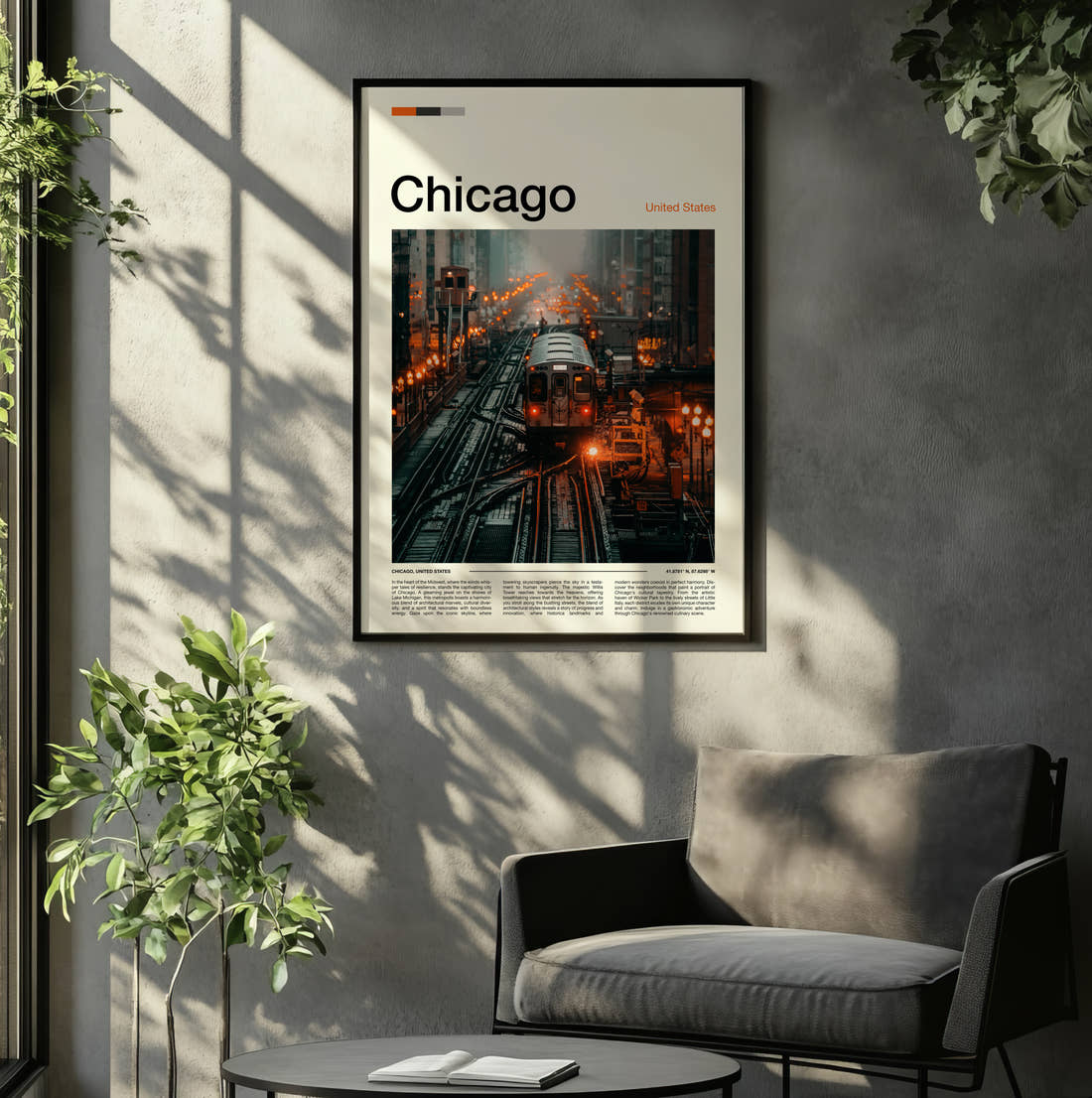 Chicago Elevated Train Travel Print framed on the wall of a relaxed living room