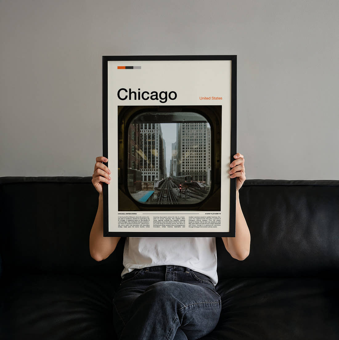 Chicago View From Train Window Travel Print held up by hand to show the size of the print