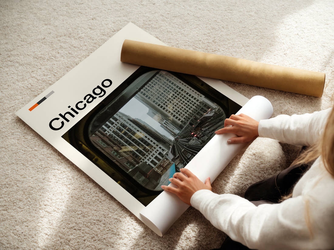 Chicago View From Train Window Travel Print being unrolled from its postal tube