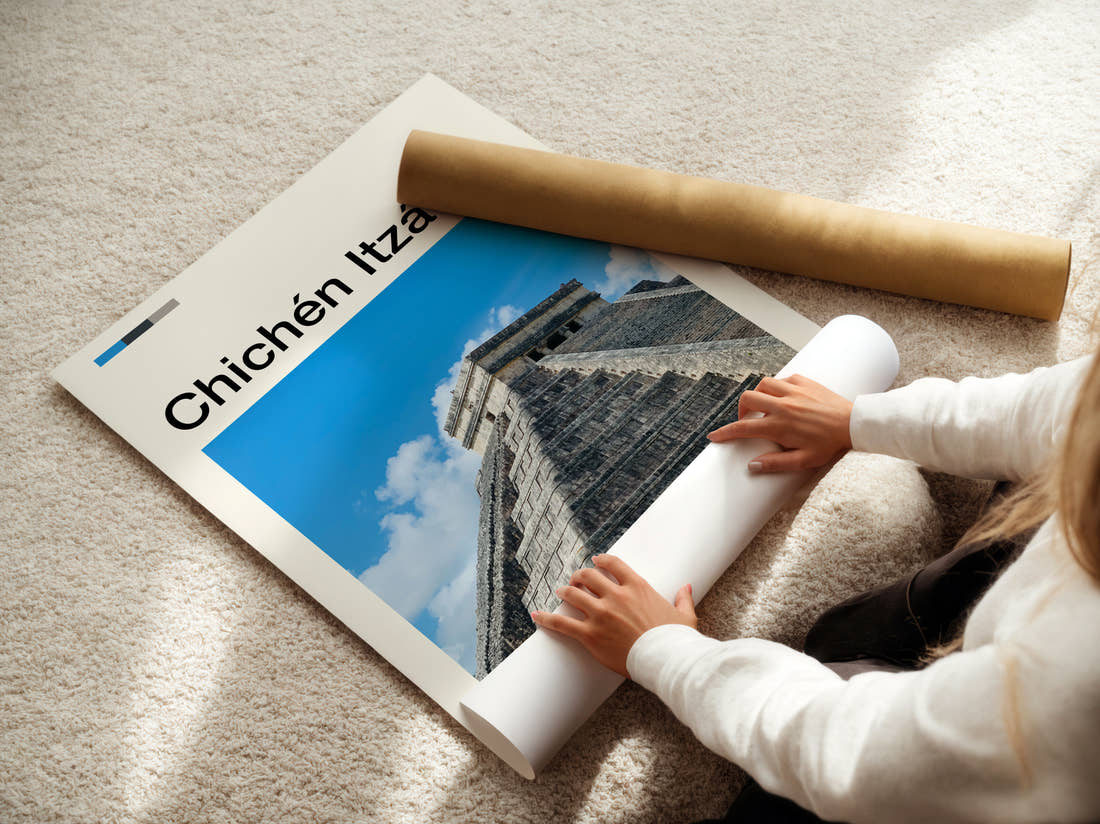 Chichen Itza El Castillo Corner View Travel Print being unrolled from its postal tube