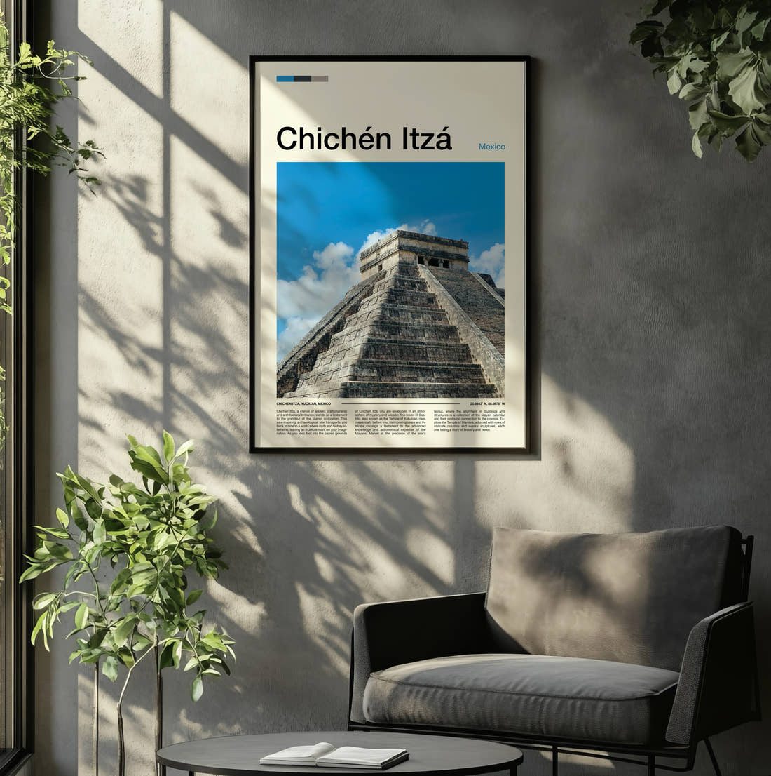 Chichen Itza El Castillo Corner View Travel Print framed on the wall of a relaxed living room