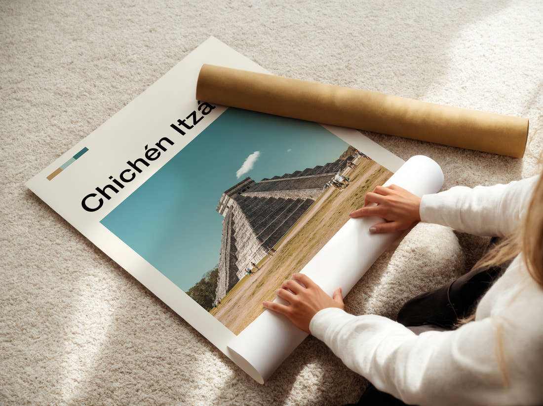 Chichen Itza El Castillo Across The Plaza Travel Print being unrolled from its postal tube
