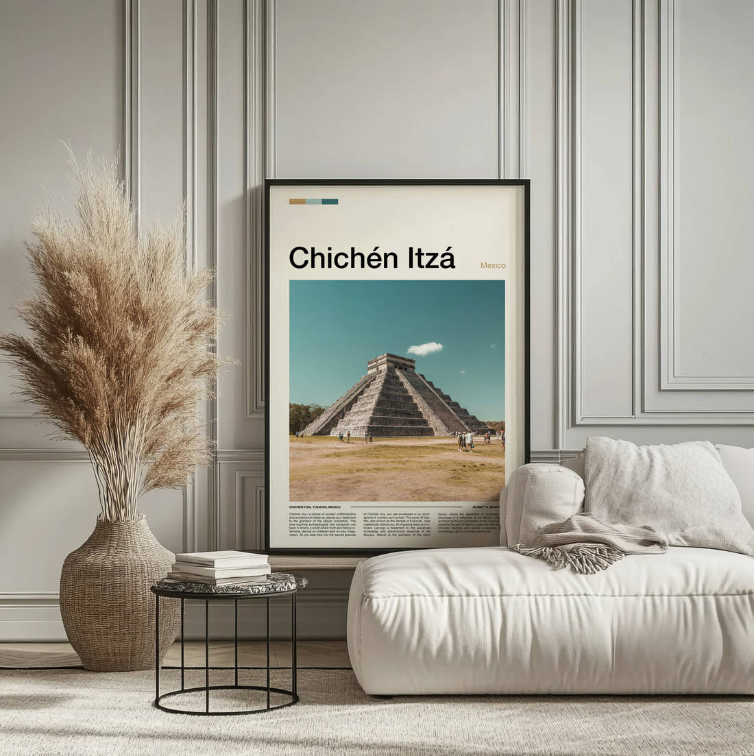 Chichen Itza El Castillo Across The Plaza Travel Print framed on the wall of a calm, neutral bedroom