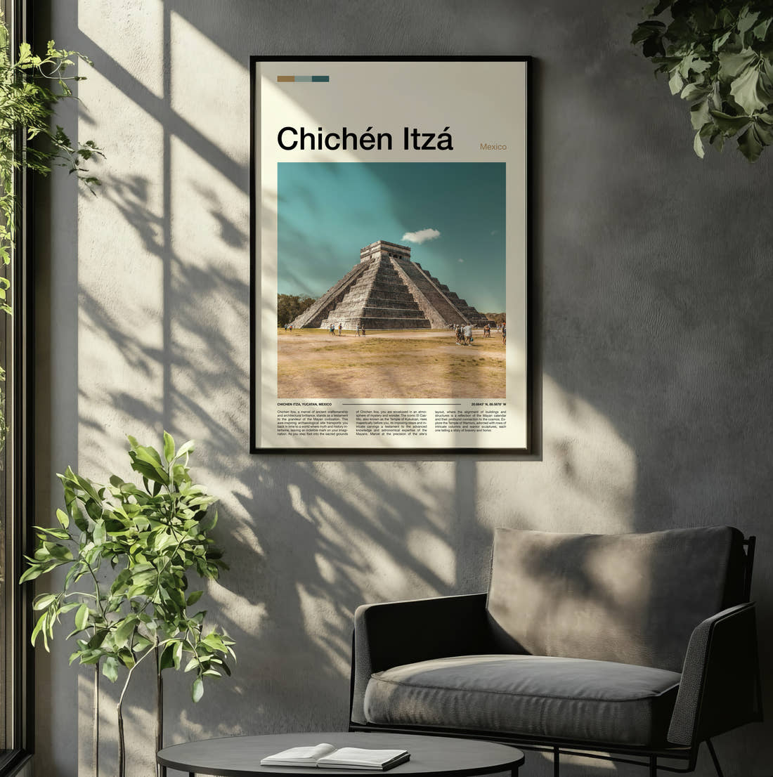 Chichen Itza El Castillo Across The Plaza Travel Print framed on the wall of a relaxed living room