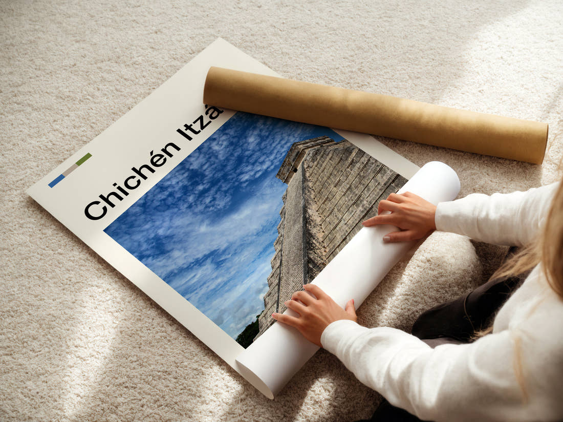 Chichen Itza El Castillo Under Dramatic Clouds Travel Print being unrolled from its postal tube