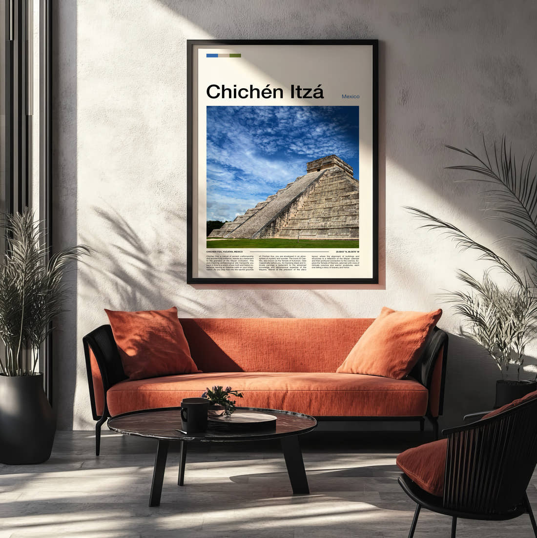 Chichen Itza El Castillo Under Dramatic Clouds Travel Print framed on the wall of a modern living room