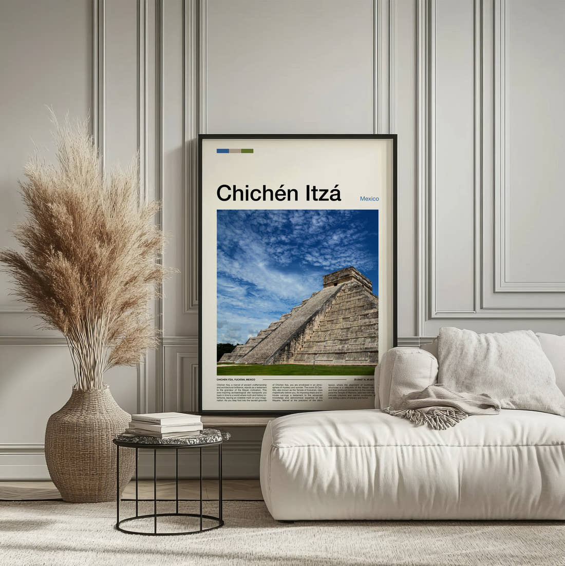 Chichen Itza El Castillo Under Dramatic Clouds Travel Print framed on the wall of a calm, neutral bedroom