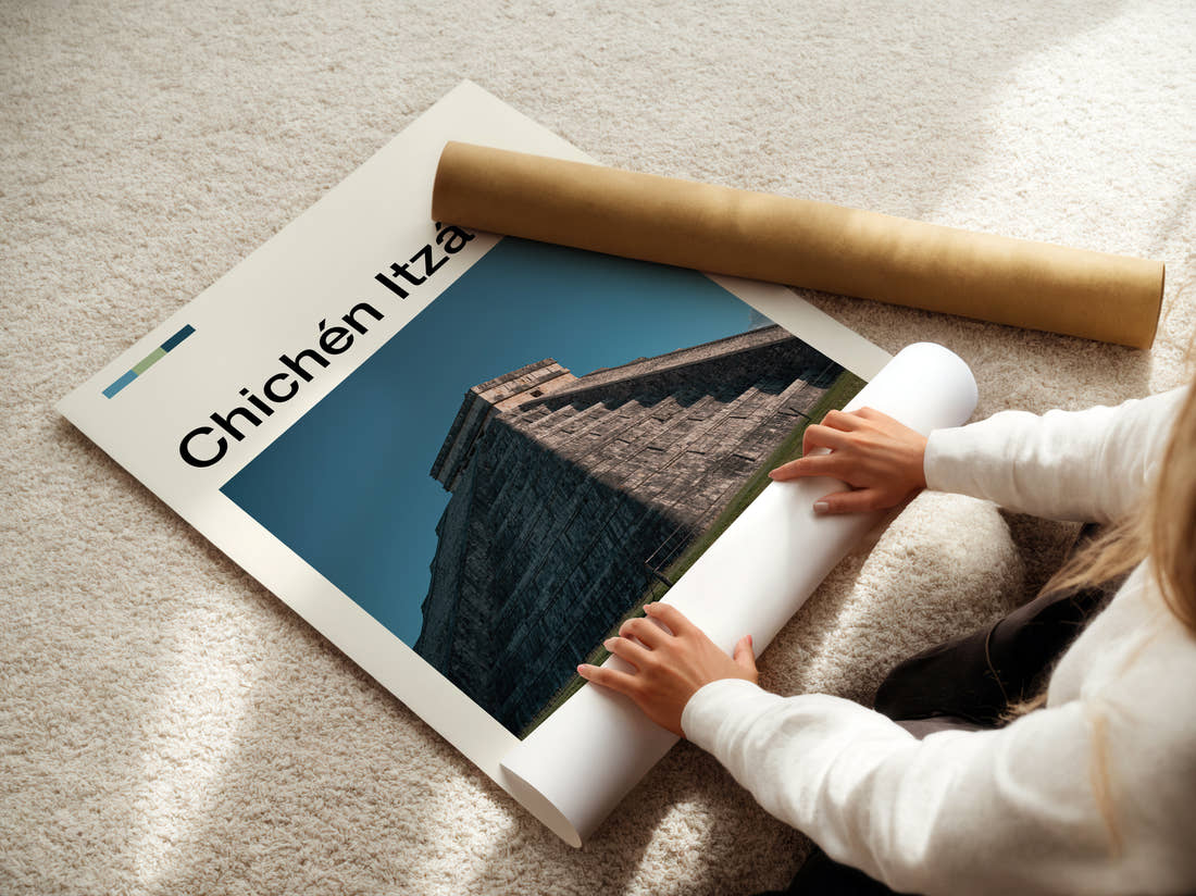 Chichen Itza El Castillo Northern Stairway Travel Print being unrolled from its postal tube
