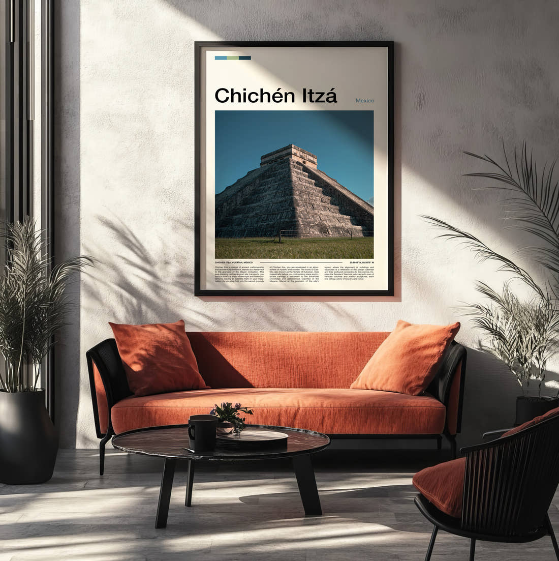 Chichen Itza El Castillo Northern Stairway Travel Print framed on the wall of a modern living room