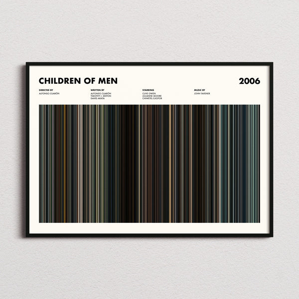 Children of Men Movie Barcode Poster framed and photographed straight on