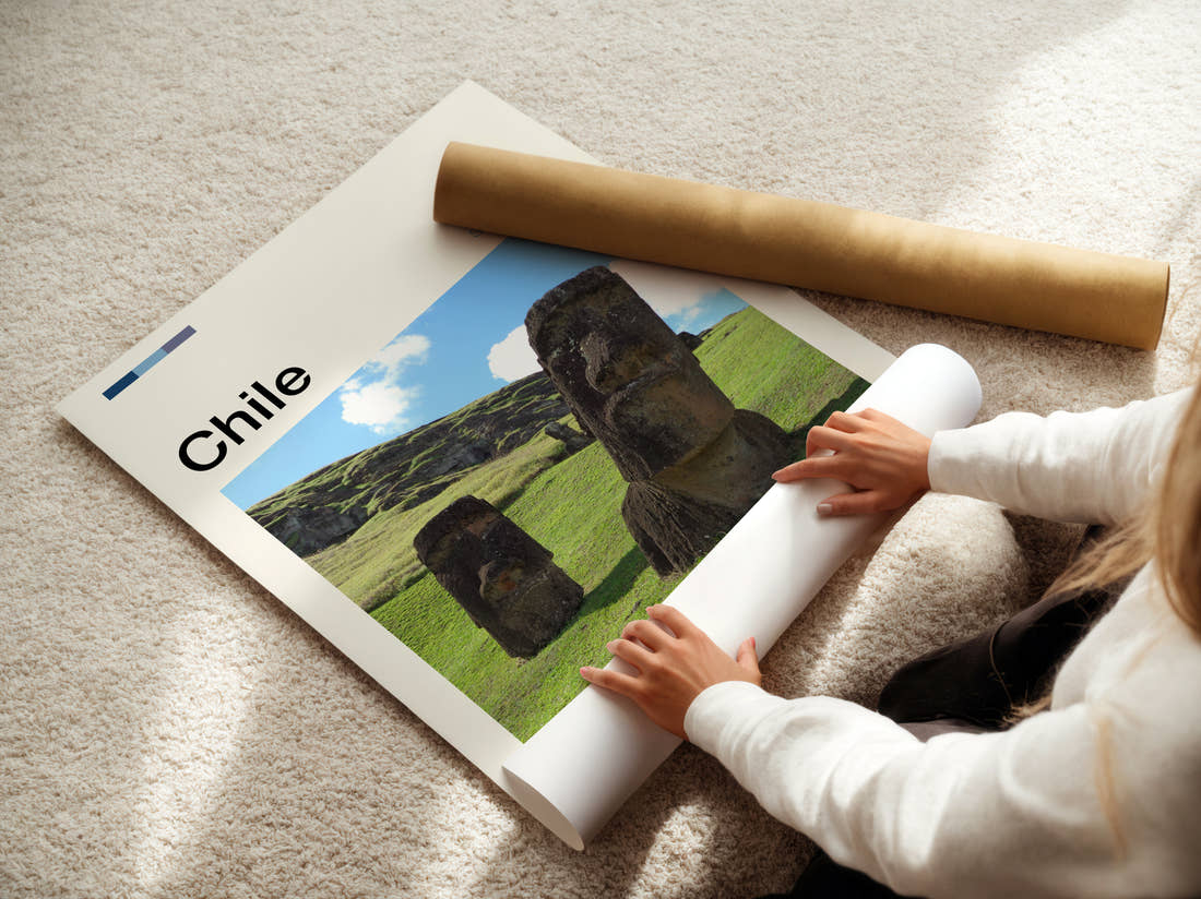 Chile Moai Statues Travel Print being unrolled from its postal tube
