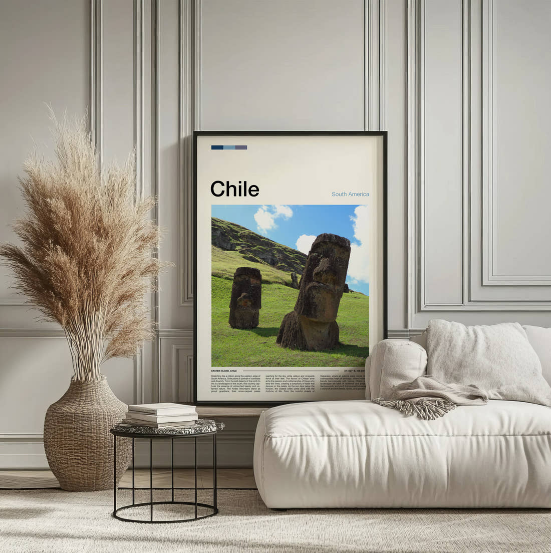 Chile Moai Statues Travel Print framed on the wall of a calm, neutral bedroom