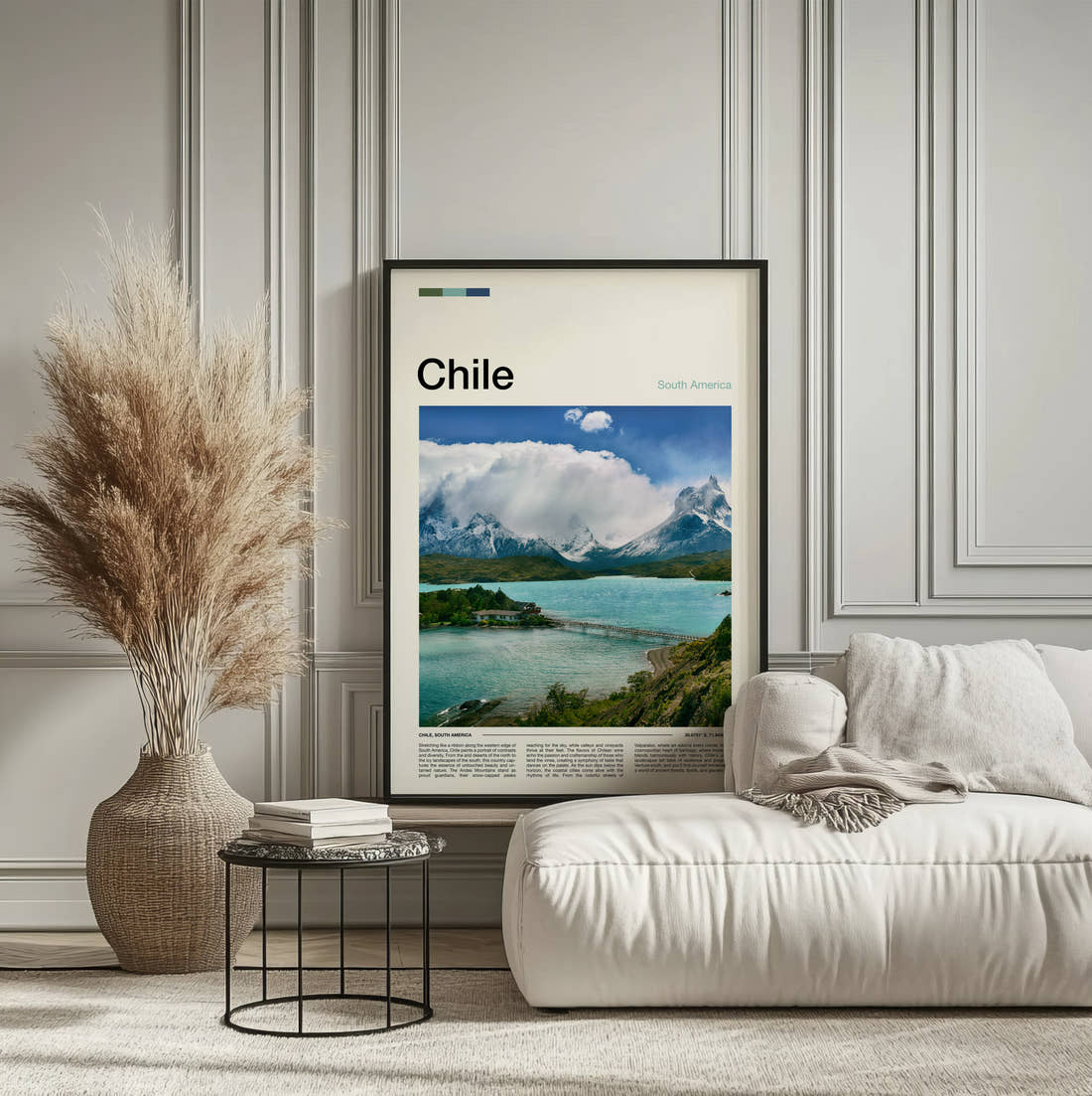 Chile Lake And Snowy Mountains Travel Print framed on the wall of a calm, neutral bedroom