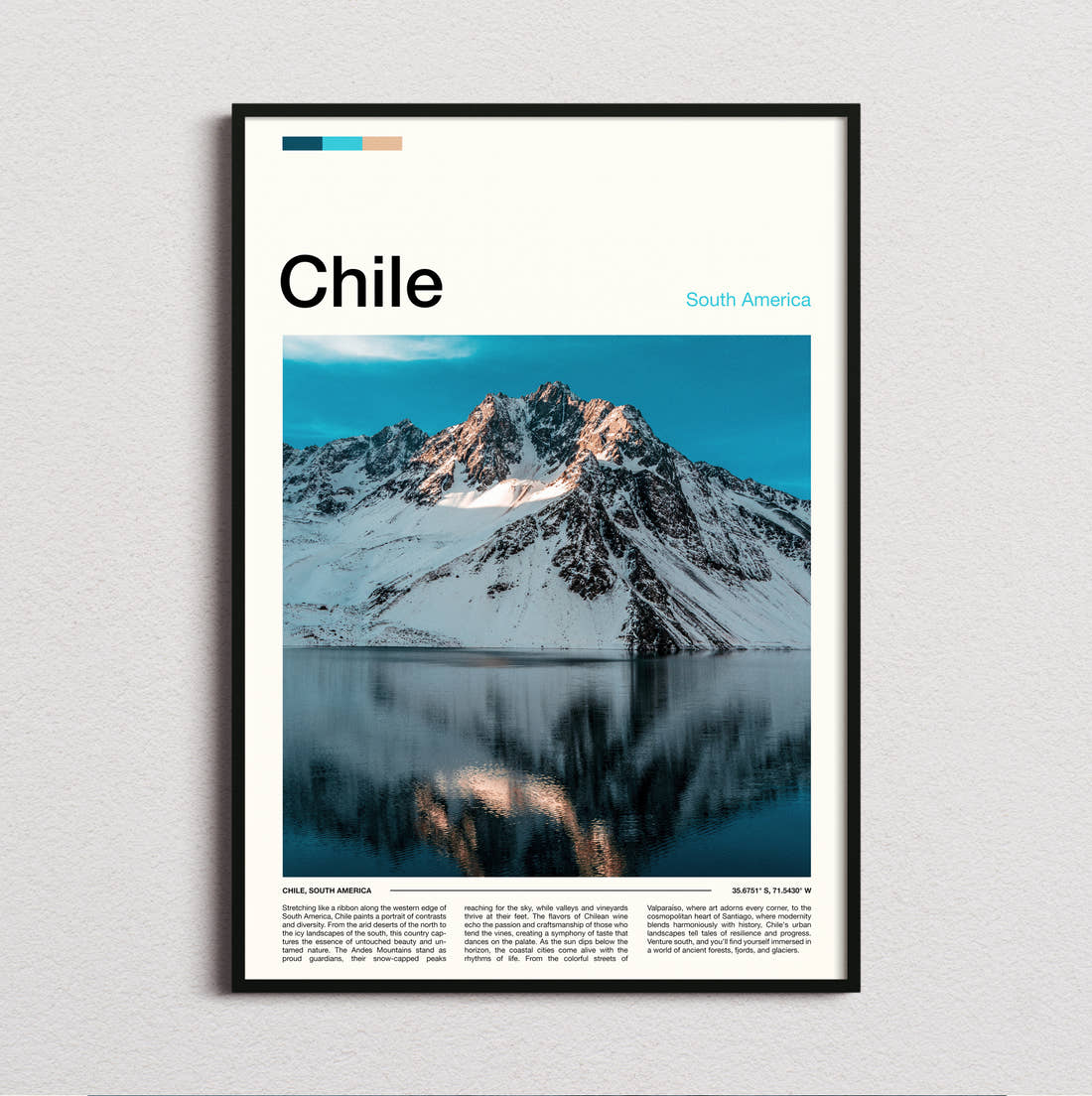 Chile Mountain Reflection Travel Print framed and photographed straight on