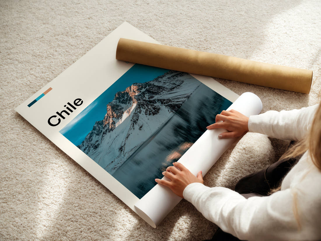 Chile Mountain Reflection Travel Print being unrolled from its postal tube