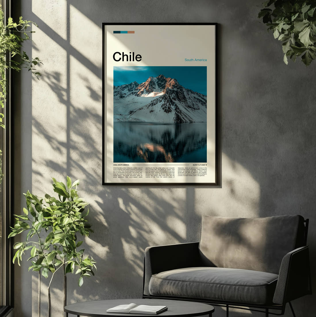 Chile Mountain Reflection Travel Print framed on the wall of a relaxed living room