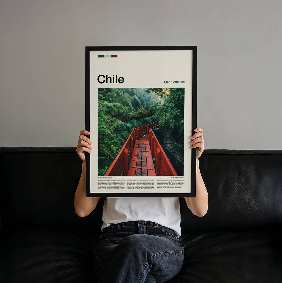 Chile Red Walkway Through Forest Travel Print held up by hand to show the size of the print