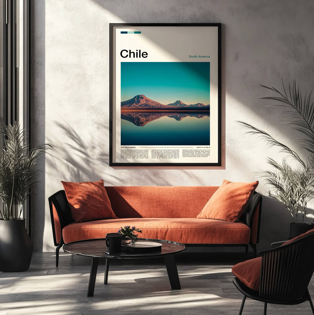 Chile Volcano Reflection Travel Print framed on the wall of a modern living room