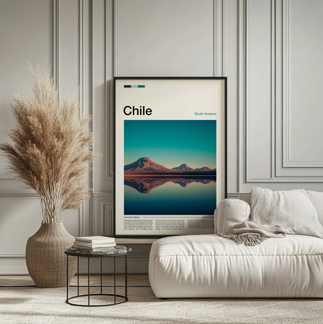 Chile Volcano Reflection Travel Print framed on the wall of a calm, neutral bedroom