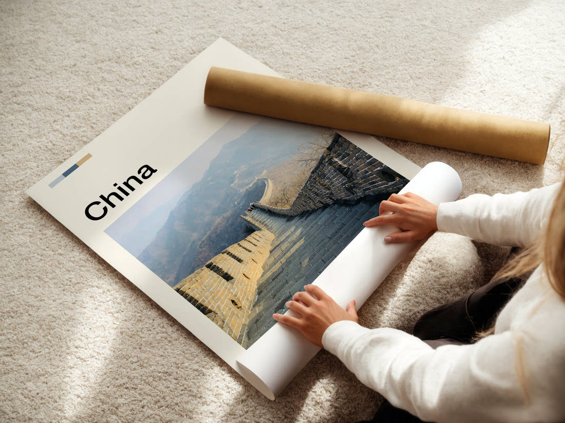 China Great Wall In Winter Mist Travel Print being unrolled from its postal tube