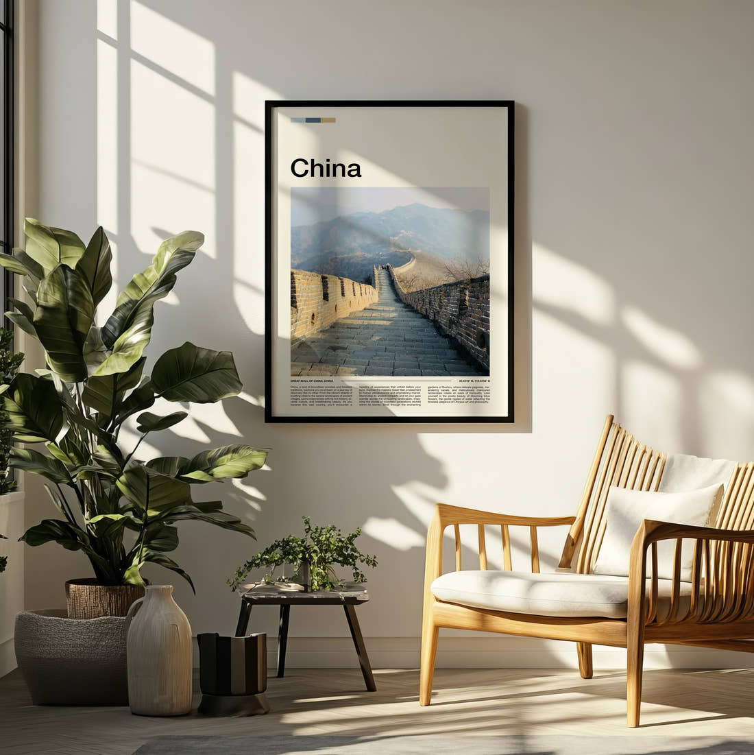 China Great Wall In Winter Mist Travel Print framed on a pale wall beside houseplants