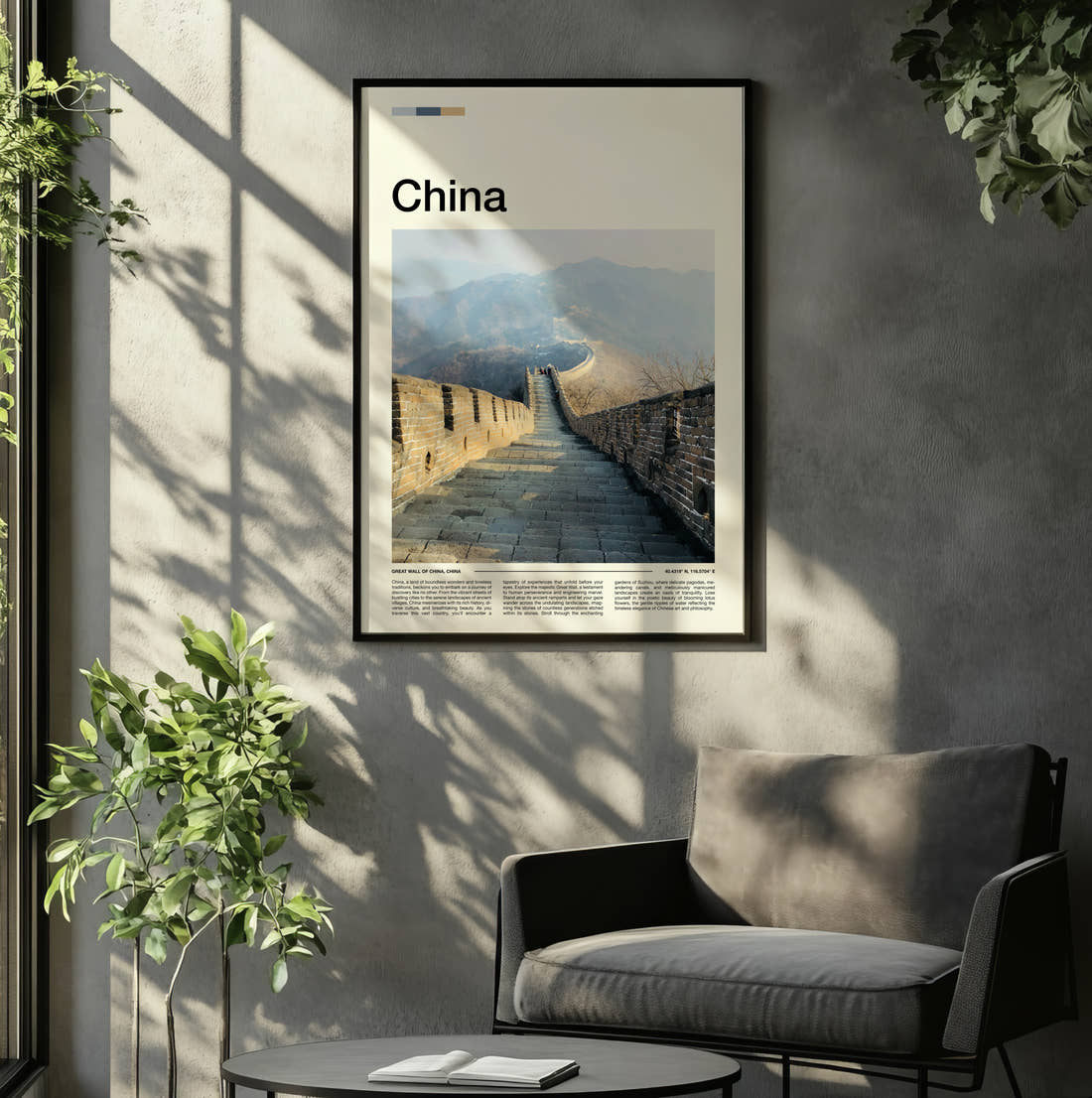 China Great Wall In Winter Mist Travel Print framed on the wall of a relaxed living room