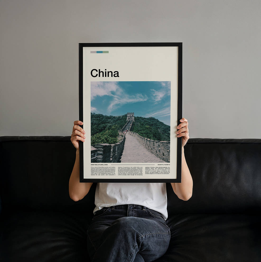 China Great Wall Through Green Hills Travel Print held up by hand to show the size of the print
