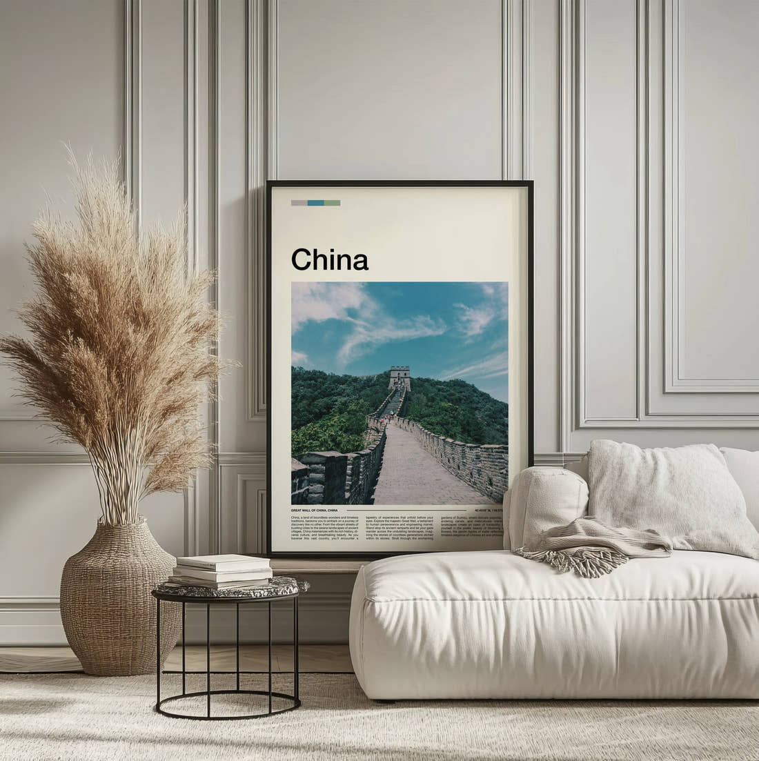 China Great Wall Through Green Hills Travel Print framed on the wall of a calm, neutral bedroom