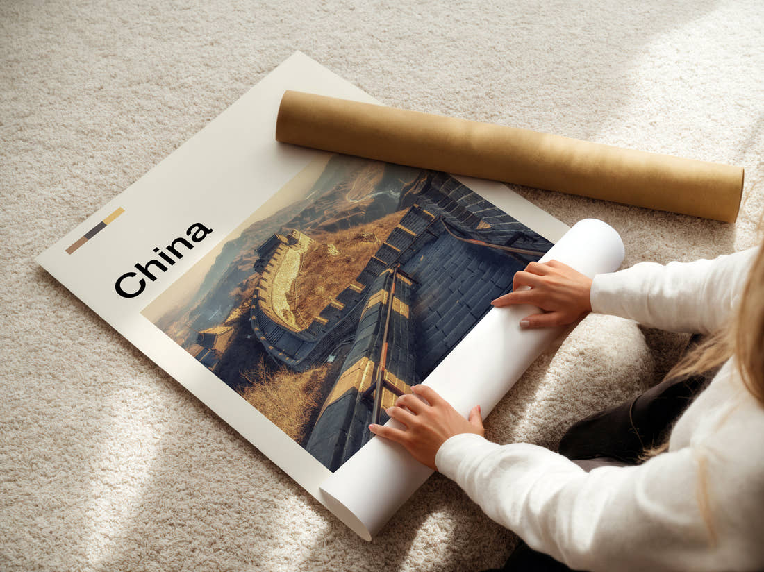 China Great Wall At Golden Hour Travel Print being unrolled from its postal tube