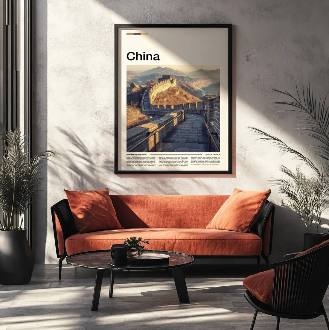 China Great Wall At Golden Hour Travel Print framed on the wall of a modern living room