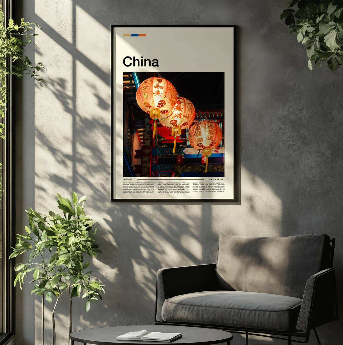China Red Lanterns Travel Print framed on the wall of a relaxed living room