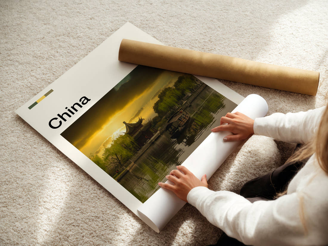 China Pagoda By The Lake Travel Print being unrolled from its postal tube