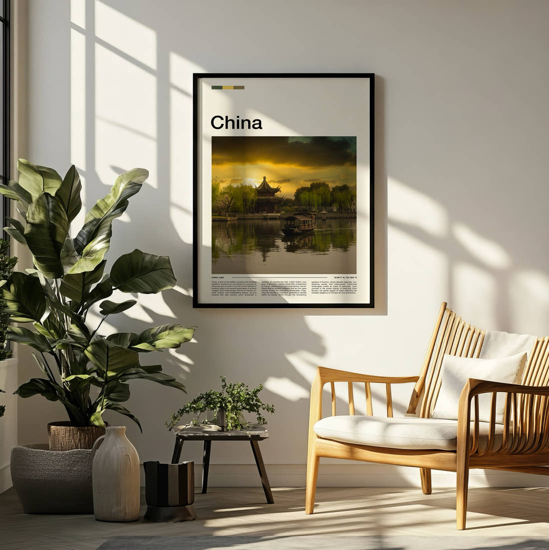 China Pagoda By The Lake Travel Print framed on a pale wall beside houseplants
