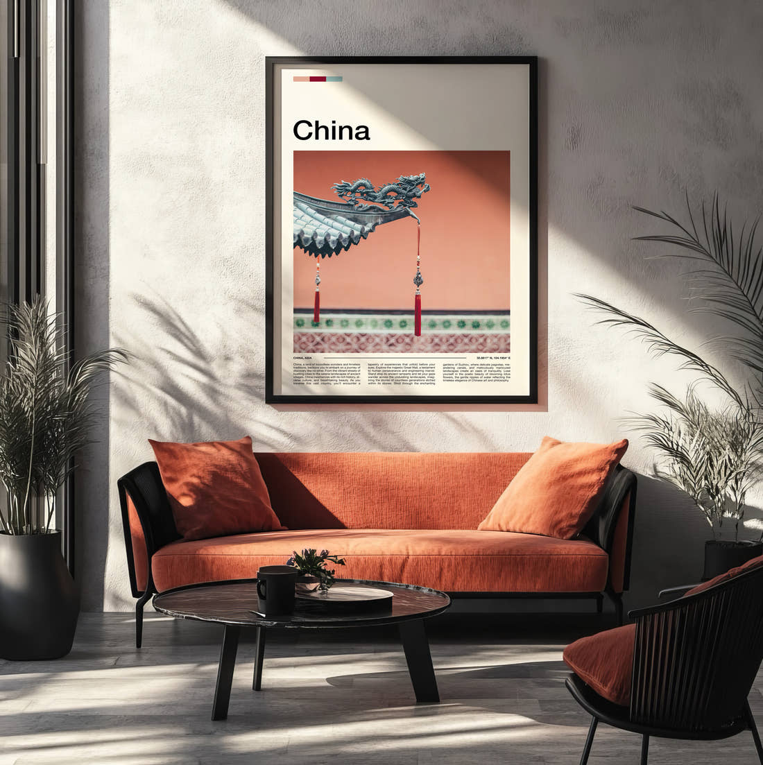 China Dragon Roof Detail Travel Print framed on the wall of a modern living room